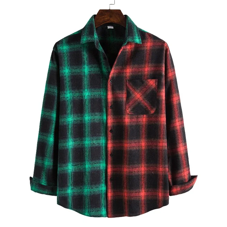 

RTS Fashion Plus Size Men Loose Casual Irregular Contrast Plaid Button Up Long Sleeve Shirt