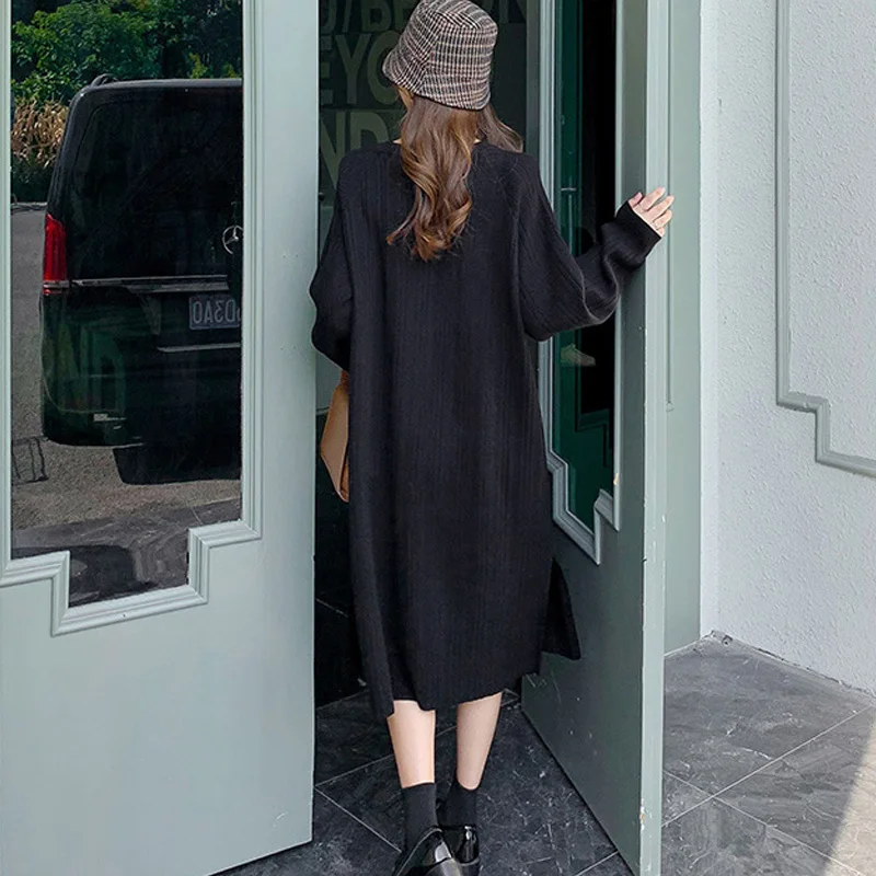 

Korean Black Knitted Dress Women Elegant Autumn Winter Sweater Dress Woman O Neck Lantern Sleeve Knitted Midi Dress Lady Dresses