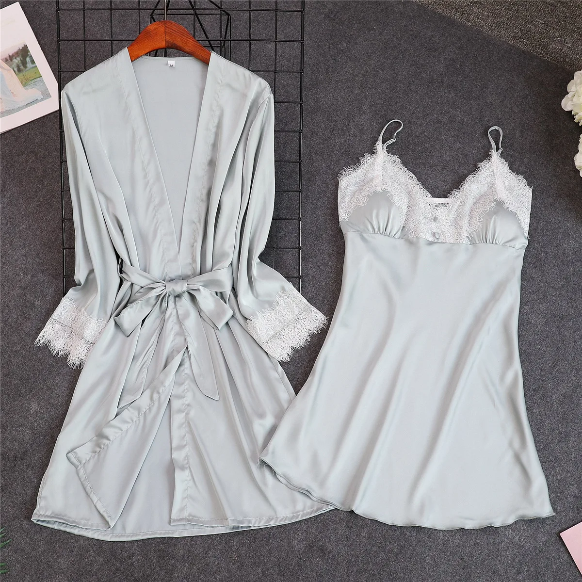 Сексуальный серый халат из 2 предметов костюм с ремнями топ кимоно комплекты для