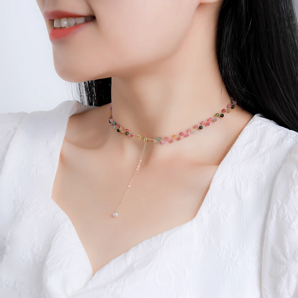 Lina Jw Natural Stone Necklace for Women Tourmaline/Fluorite/Amethyst Handwork Choker Jewelry Party/Wedding Design Luxury Gift