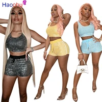 haoohu sexy sequin two piece set vest crop top lace up side striped shorts tracksuit outfits for women loungewear matching sets