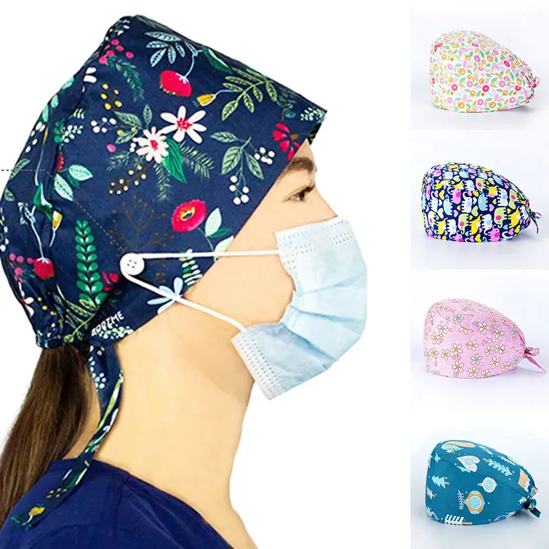 

2021 Women New Scrub Nurse Hat Surgicals Cap Floral Bouffant Cap Fashion Multicolor Nurse Scrub Cap Adjustable Bandage Turban