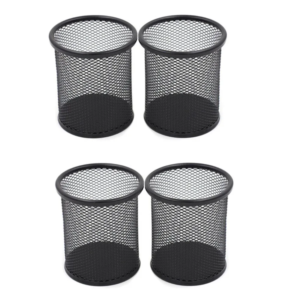 

4pcs Round Wire Pen Holder Metal Pencil Holder Stury Brush Pot for Students Office Workers(Black)