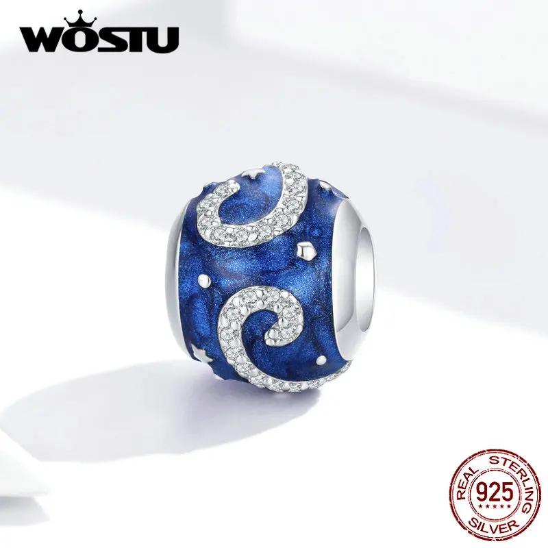 WOSTU 100% Стерлинговое Серебро 925 пробы Звездные небесно голубые бусины эмаль