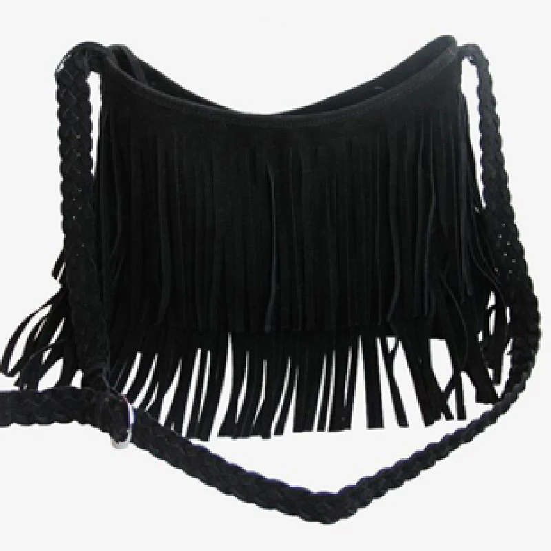 

Women's Fringed Leather Shoulder Bag with Adjustable Knitting Strap Soft Ethnic Style PU Messenger Bag Solid Color 2022 New