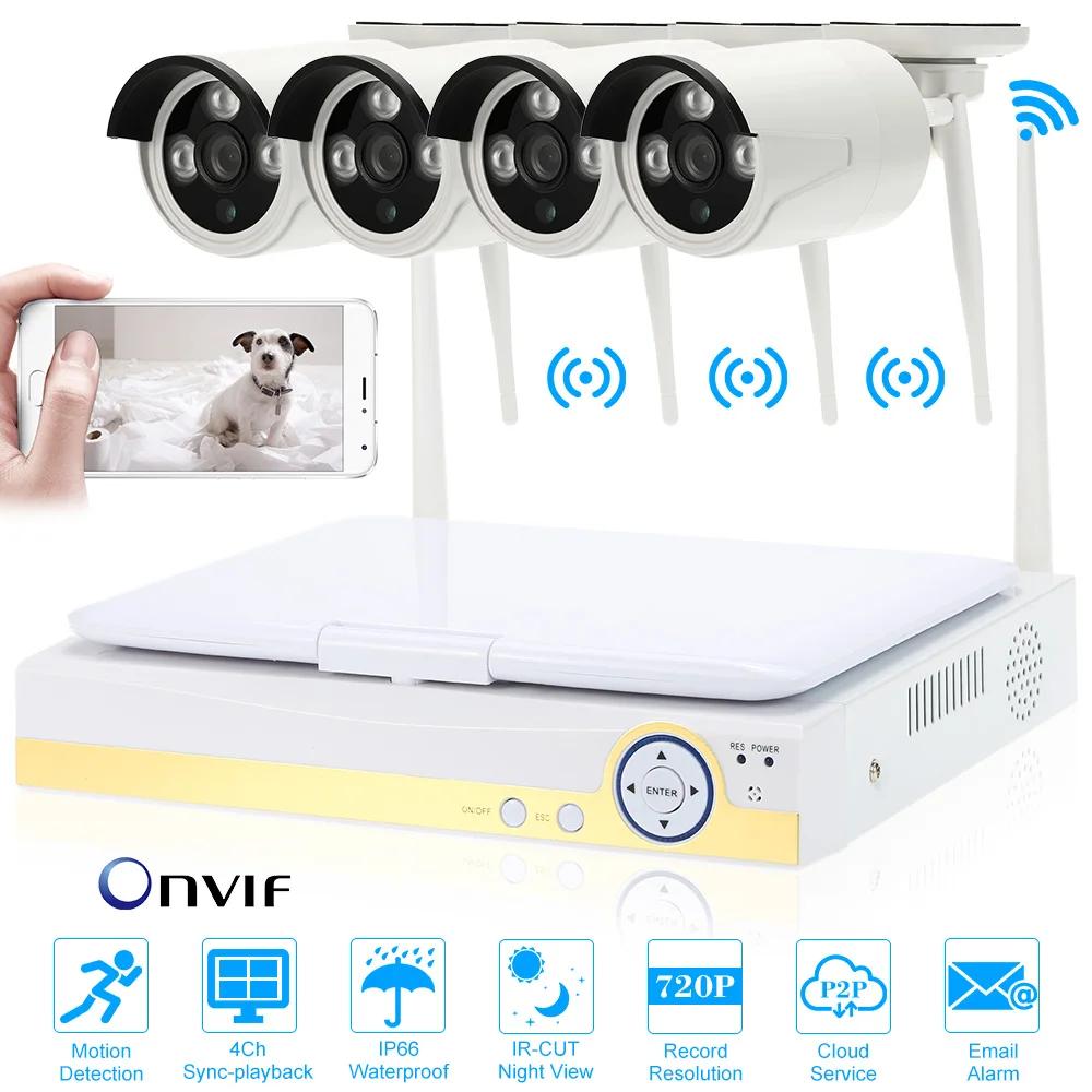 OWSOO 10.1’’ 4CH 720P HD WiFi NVR Kit with 4pcs 1.0MP Wireless Waterproof Outdoor Bullet IP Camera Support P2P Onvif IR-CUT |