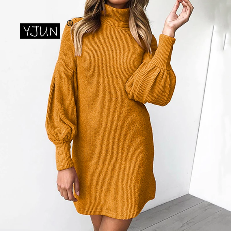 Женские платья осень зима длинный рукав Turtlenck теплая одежда мини короткое модное