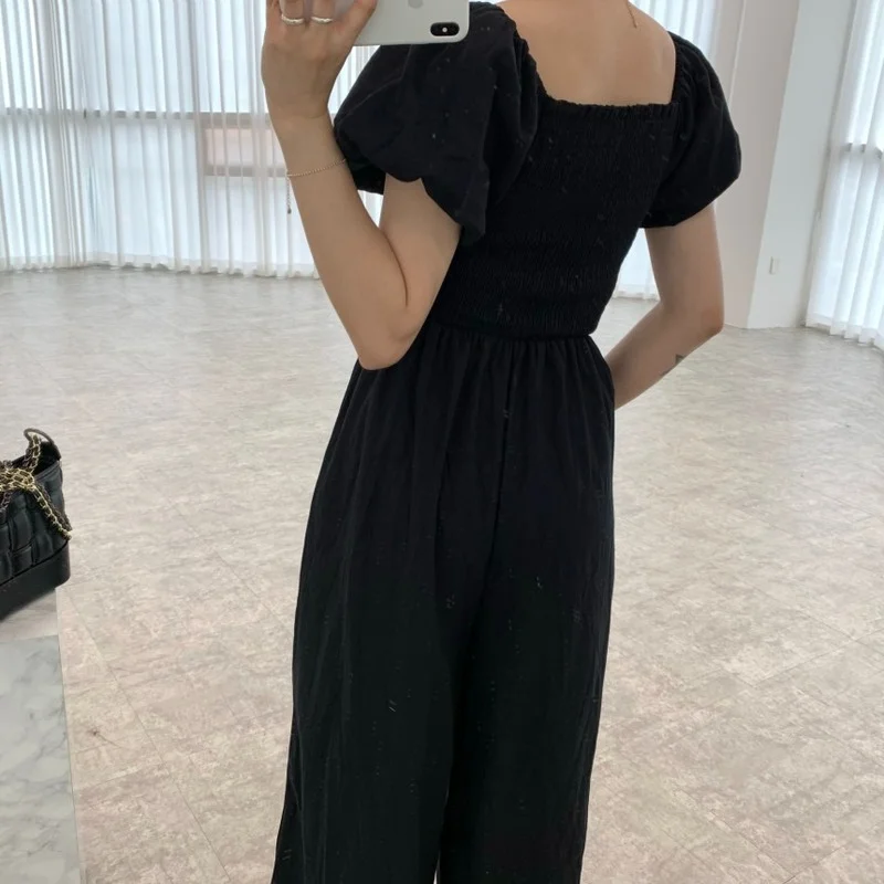 

Korejpaa Women Set 2021 Summer Korea Temperament Ladies Square Collar Wrinkled High Waist Puff Sleeve Wide-Leg Jumpsuit Trousers