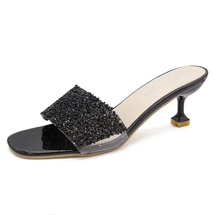

Fashion PU Summer Slides For Women Casual Bling Slippers Thin Heels Med Solid Shoes