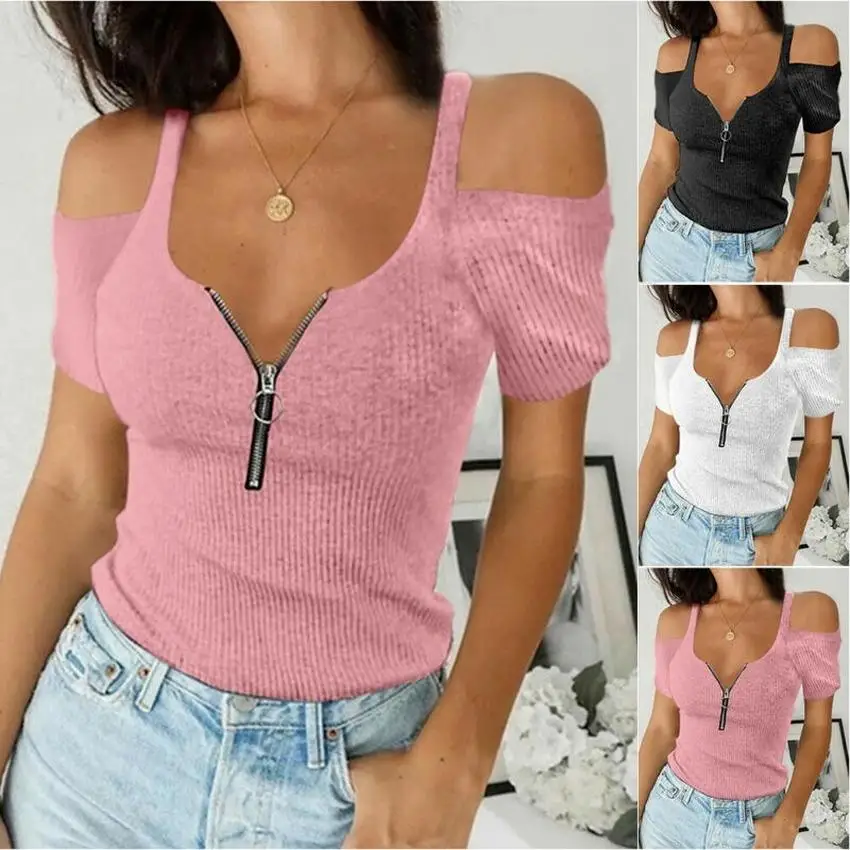 

Летняя Однотонная футболка с вырезами на плечах и коротким рукавом, Приталенная футболка на молнии, Женская Повседневная рубашка, топы