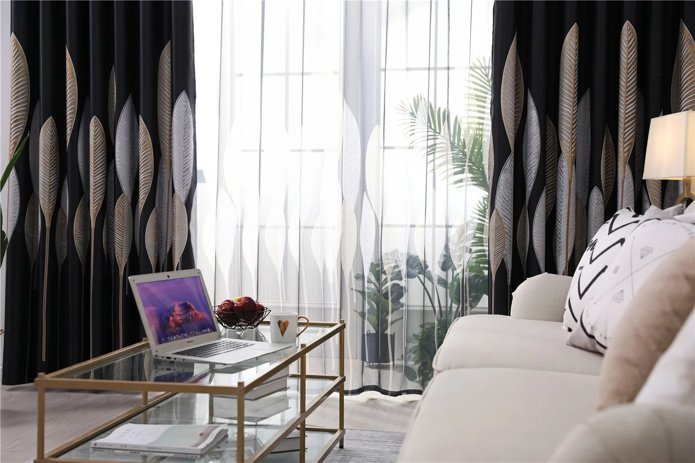 Denisroom затемненные шторы для гостиной тюль на окна узор в виде листьев стиль