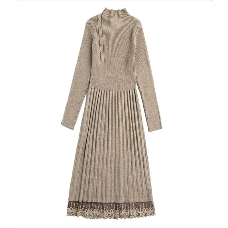 

Fashion Women Lace Splice Knit Dress Spring Autumn Long sleeve Wild Sweater Long Bottoming Dresses Female Slim A-line Dress 3137