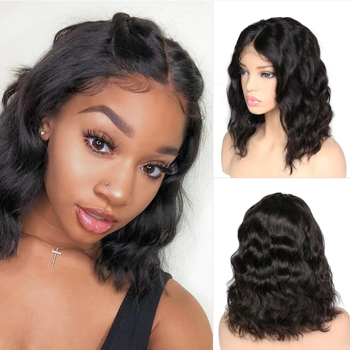

Парик Beauty Queen 4x4 T-part на сетке, с короткими волнистыми волосами, с предварительно выщипанными волосами, бразильский