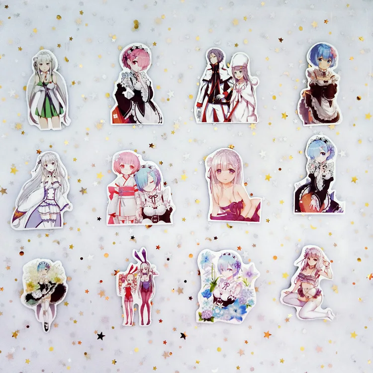 Pegatinas de Anime para chica, juguetes de dibujos animados Rem Ram, pel&iacute;cula de recuerdo, 50 Uds./lote-2