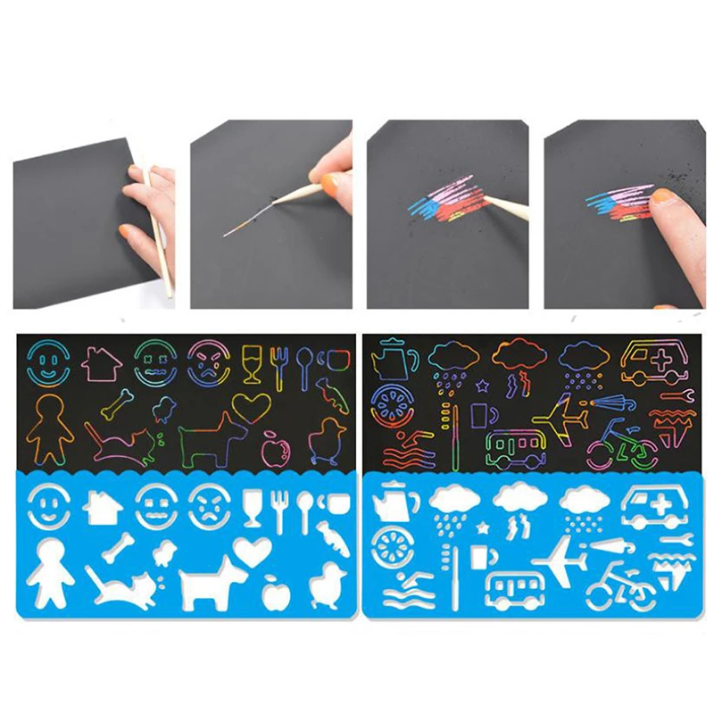 

50 Sheets Magic Color Rainbow Scratch Art Paper Card Set with Graffiti Stencil for Drawing Stick DIY Painting Toy Kids New