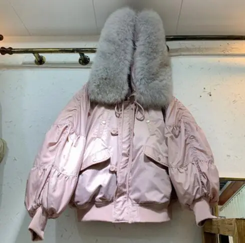 real fox fur Большой натуральный Лисий меховой воротник с капюшоном белый пуховик свободный короткий пуховик зимняя куртка Женская Толстая Женская парка - Цвет: real fox fur