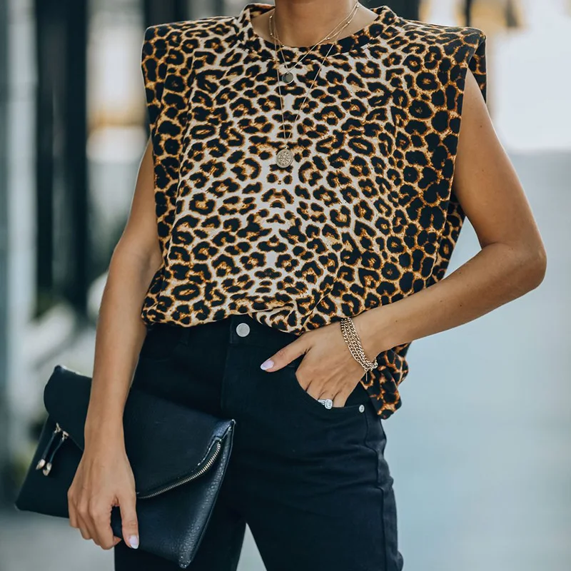 

Women Leopard Print Tank Top Shoulder Pad T Shirt Loose Vest Women's 2021 Spring Summer New Pullover Round Neck Comfortable Top
