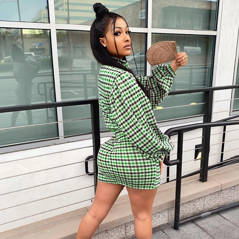 

Womens Two Piece Outfits Fashion Ladies Long Sleeve Plaid Crop Top and Bodycon Mini Skirt Set Two Piece Set Womens Clothing
