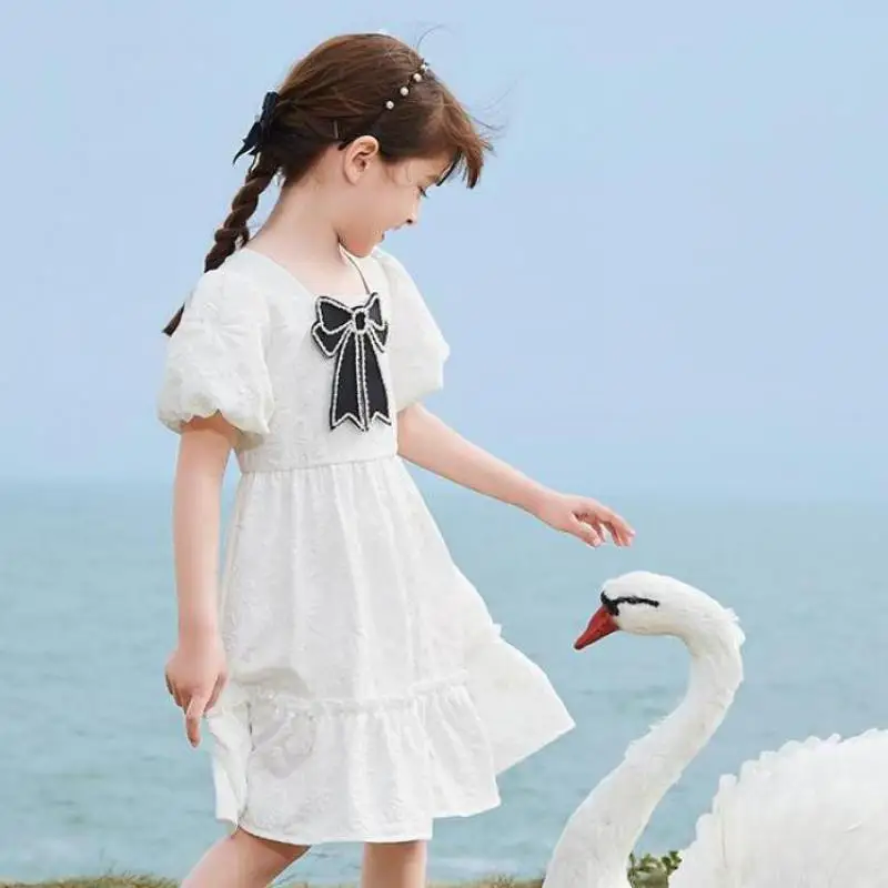 

Children Sweet Dress With Beautiful Bow Girls Short Sleeve Loose Ruffles Hem Ball Gowns Children Party Dresses Clothes