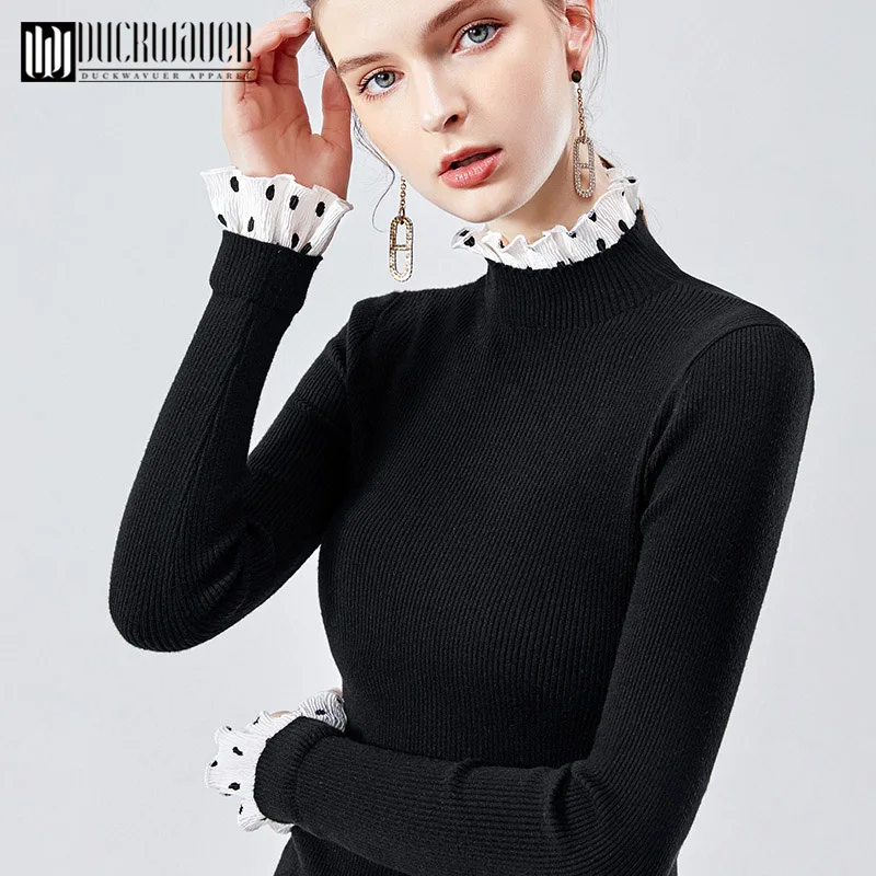 Женский трикотажный пуловер в горошек с высоким воротником и длинным рукавом |