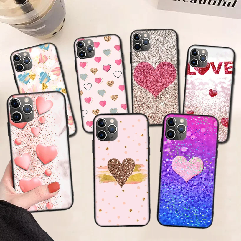 

Pink Gold Glitter Love Heart Phone Case For iPhone 11 12 13 Pro Max XS Max XR X 7 8 6 6S Plus 13 Mini SE 2020 Cover Coque Funda