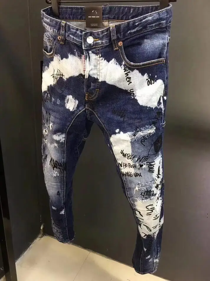 Джинсовые брюки дизайнерские крутые джинсы мужские облегающие джинсовые синие с