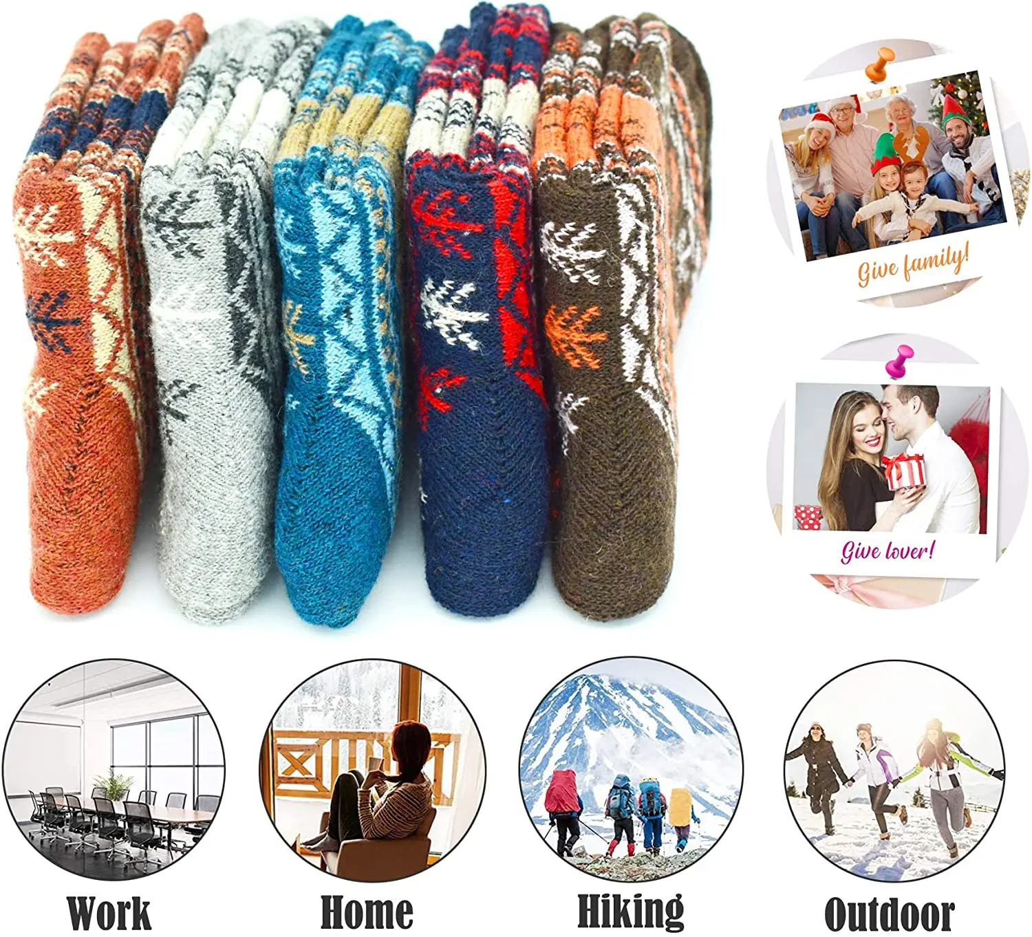 Womens Wool Socks Winter Warm Thick Hiking Boot Thermal Cozy Crew Elk Pattern Soft Socks for Cold Weather 5 Pairs