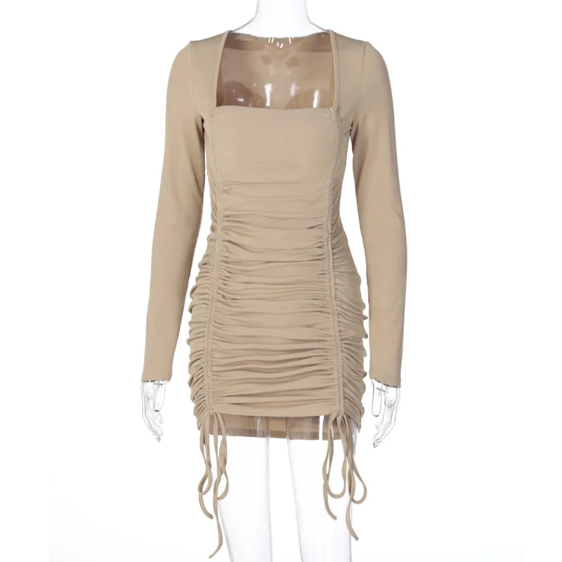 

Fannic Sexy Pleated Dresses for Women 2021 Square Collar Solid Color A-Line Long Sleeve Khaki Dress Femme Spring and Autumn
