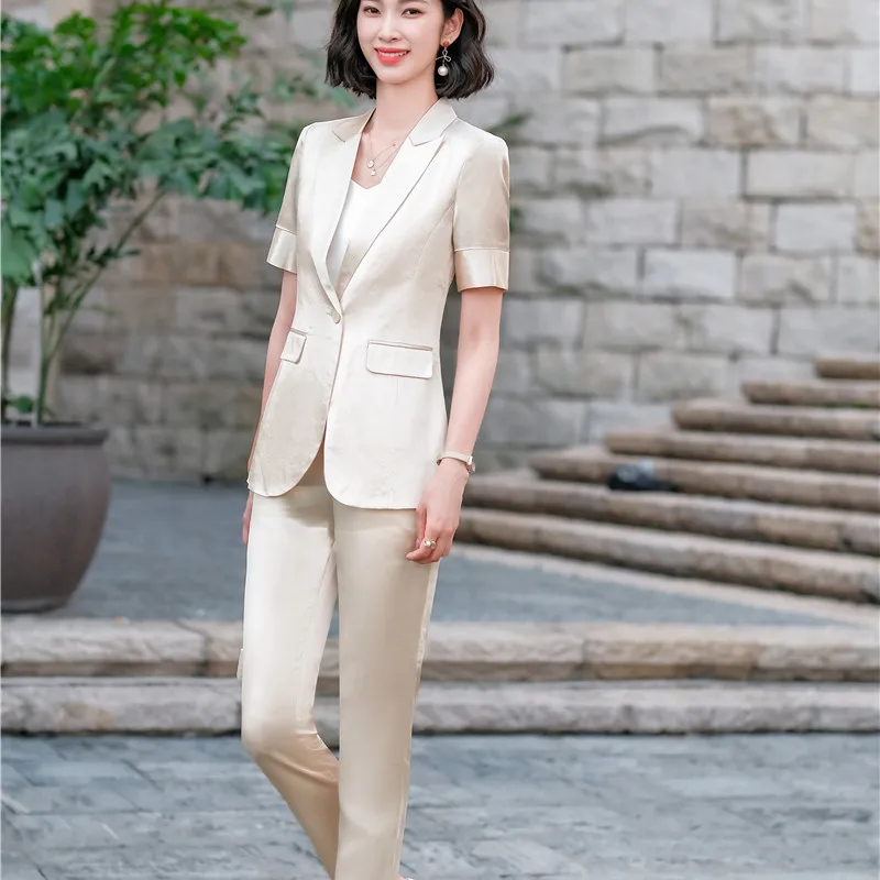 

Slim Summer Set For Women Short Sleeve Blazer Business Suit New Cardigan Black Jacket 2 Piece Set Oversize Blue Pantsuit Ladies