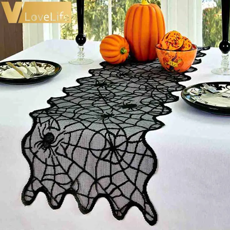 table cover black lace table cloth table runner luxury round rectangle skull mat halloween decorations for home decor 2021 new free global shipping
