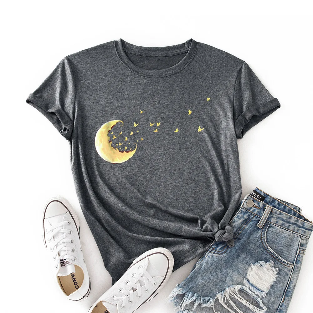 

Creative Moon Print Cotton T-Shirt Plus Size S-3XL Women TShirt O Neck Short Sleeve Loose T Shirt Summer Basic Tee Harajuku Tops