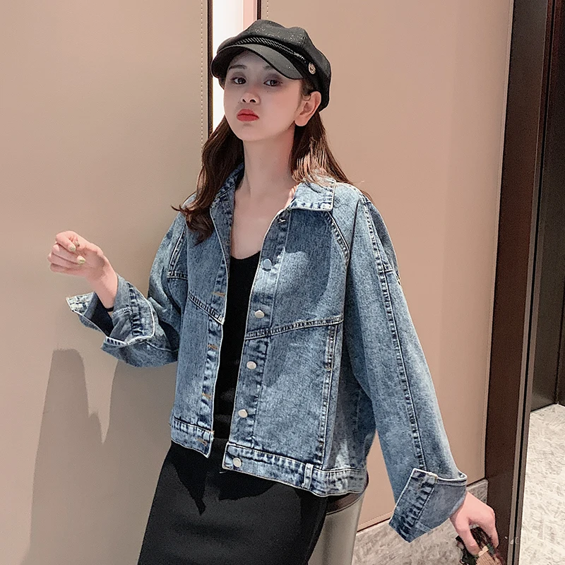 

Однотонная джинсовая куртка с отложным воротником для женщин, свободная повседневная синяя модная женская куртка, женская верхняя одежда и...