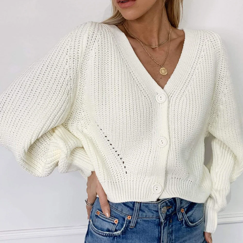 

Women Cardigan Sweater Solid Color V-Neck Lantern Sleeve Button Knit Cardigans Autumn Spring Long Sleeve Knitted Sweater Outwear