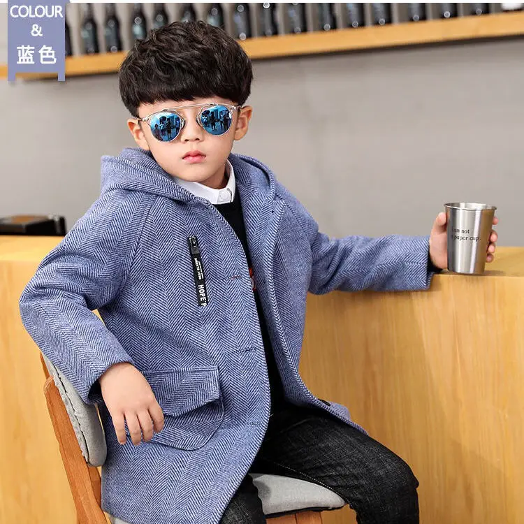 

Boys woolen coat Korean version 2020 children's autumn and winter clothing plus velvet thick slim mid-length woolen coat