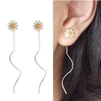 silver color long tassel pendant earrings for women bohemia girl ear cuff jewelry fashion cute daisy design flower drop earrings