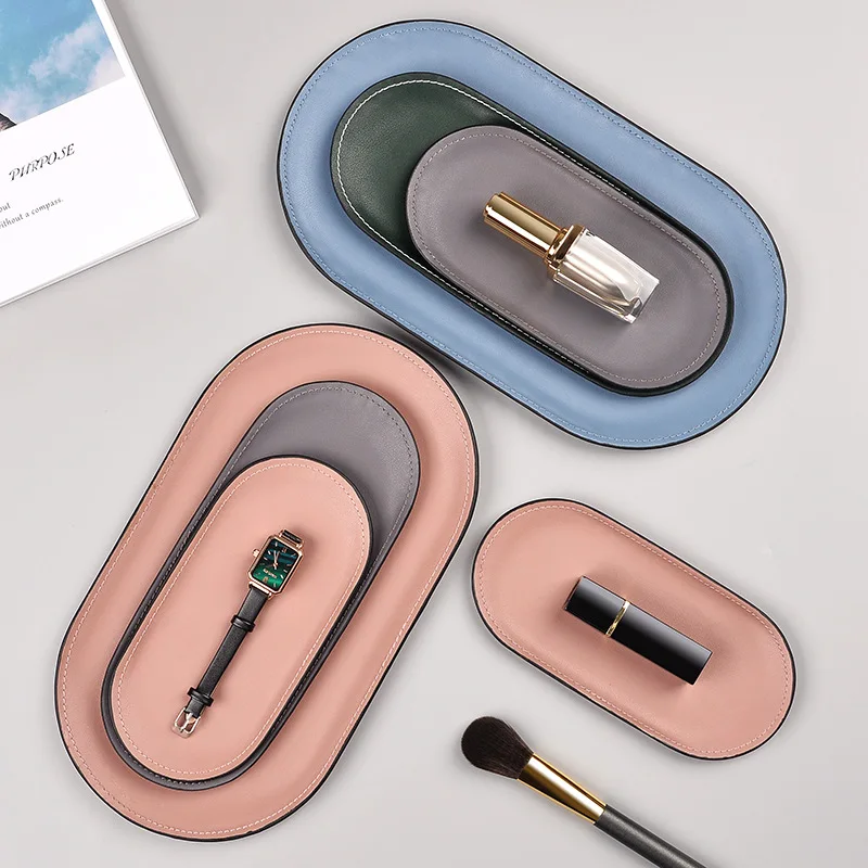 

Nordic Style Stainless Steel Leather Oval Storage Tray Dressing Table Cosmetics Jewelry Tray Desktop Finishing Snack Storage Box