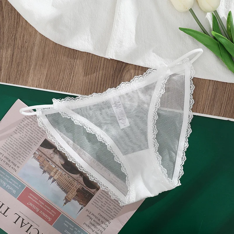 Women Underwear Sexy Lace Mesh Transparent Panties Low-Rise Spaghetti Strap Cotton Crotch G-String Thongs Lingerie
