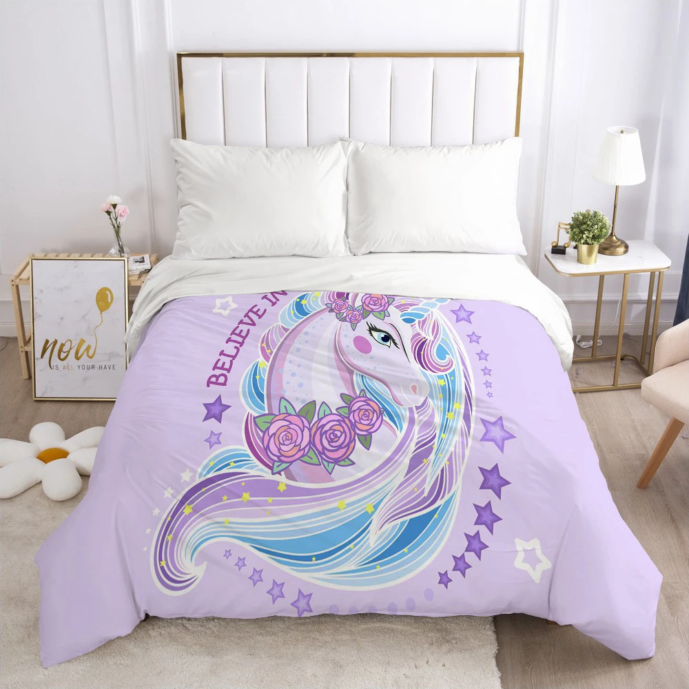 

Unicorn Cartoon Duvet Cover with Zipper Comforter/Quilt/Blanket Case 140x200 Bedding For Kids Child Baby Girls Boys Purple