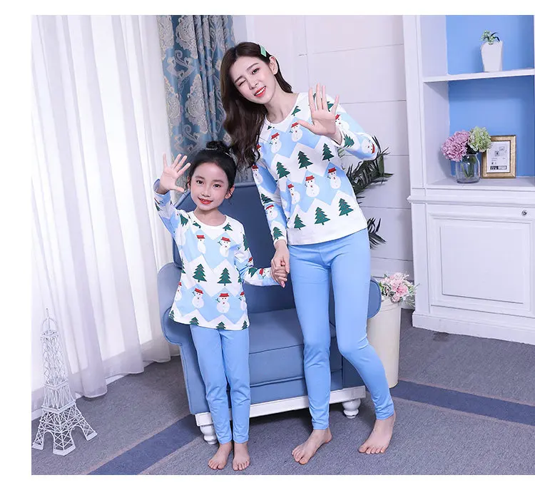 Cute Snowman Matching Family Christmas Pajamas Children Korean Cotton Mother Daughter Outfit Pants Matching Christmas Pajama Set