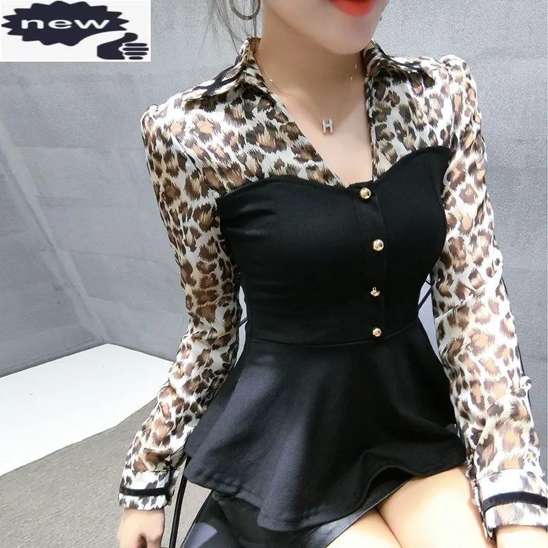 Spring New Women Leopard Printed Long Sleeve Blouse V Neck High Street Casual Loose Fit Female Fashion Shirt
