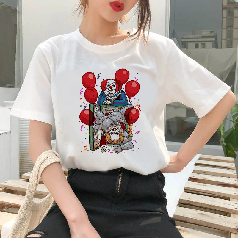 

2020 Summer Women T-shirt Evil clown cartoon Printed Tshirts Casual Tops Tee Harajuku 90s Vintage White tshirt Female Clothing