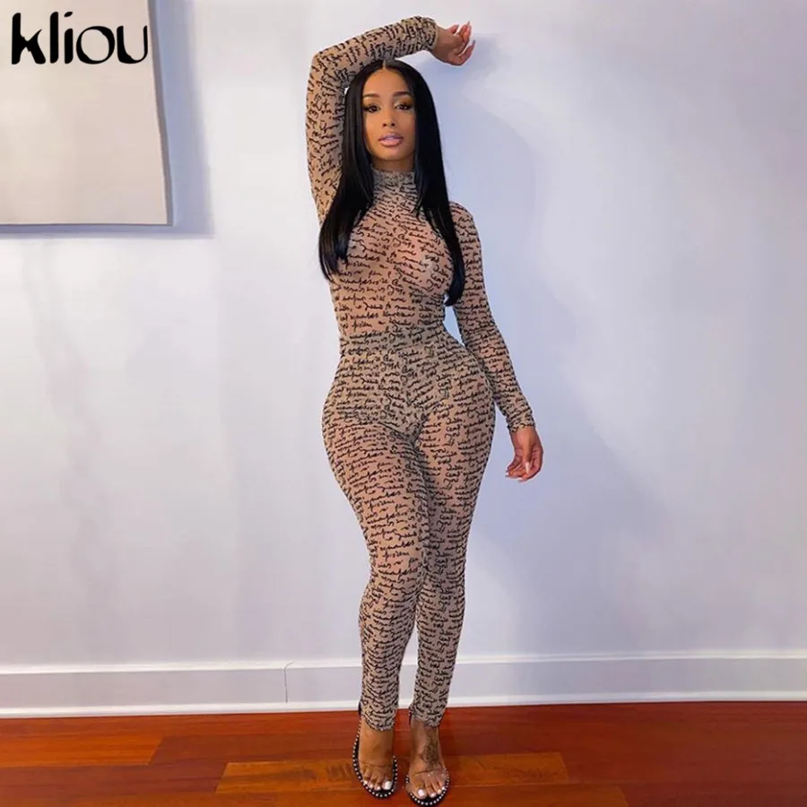 

Kliou Printed Sexy See Through Stretchy Jumpsuit Women Autumn Turtleneck Streetwear Skinny Slim Party Clubwear Bodycon Rompers