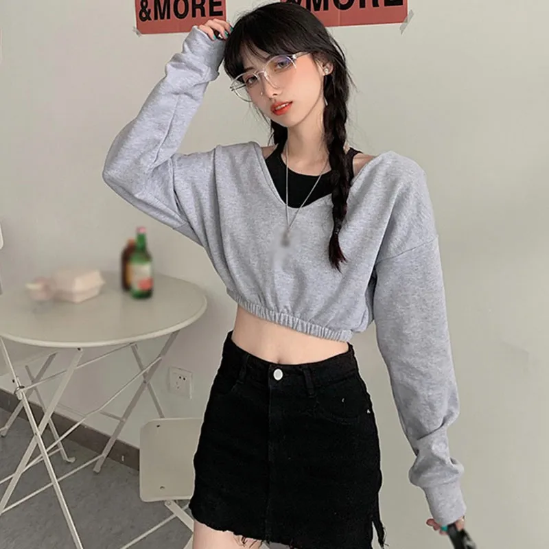 

Autumn Women Long Sleeve Hoodies Cropped Top Loose Pullover Female Casual Short Outwear Lady Girl Sweet Sweatshirts