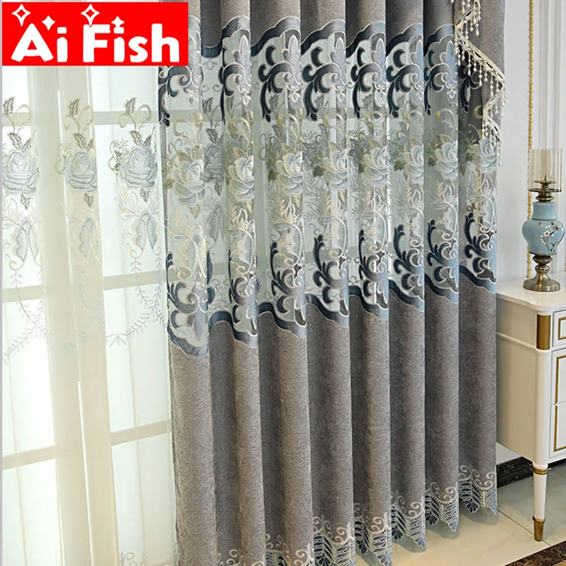 

Grey European Shading Chenille Embroidery Window Treatments Curtain For Living Room Exquisite Luxury Tulle For Bedroom M118-5