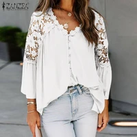 summer lace crochet blouse 2021 zanzea sexy women hollow out shirt casual elegant v neck 34 sleeve white tops office blusas 7