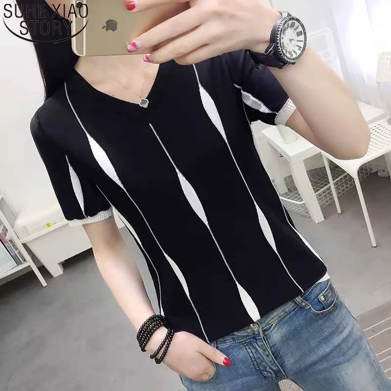 

Женская модная трикотажная рубашка с V-образным вырезом, топы, женские блузы, женская летняя повседневная хлопковая блузка из вискозы с коро...