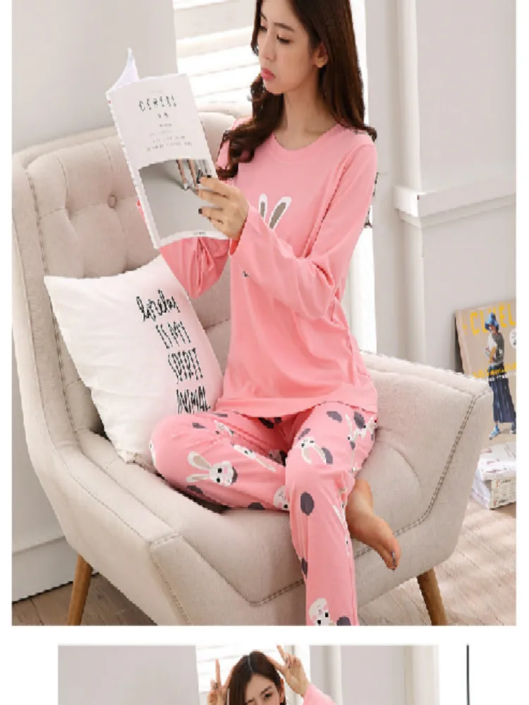 

SWT 2020 Casual Sweet Pajamas Women's Spring and Autumn Thin Style Long Sleeve Knitted Cotton Lovely Female Home Clothes 2-piece