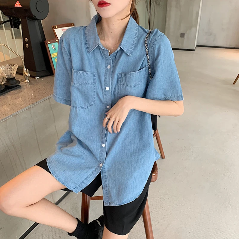 

Womens clothing Cotton cowboy Loose Pocket Short-Sleeved jeans Pockets Shirts Womens tops Denim Shirt Casual Blouse Women 9170G