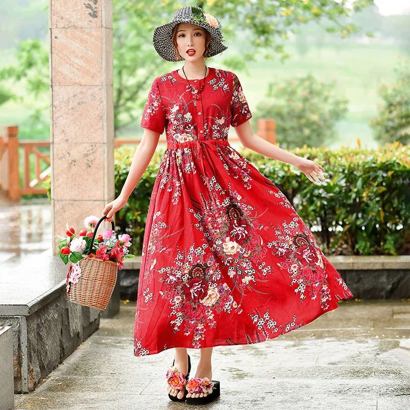 

UHYTGF Vintage printing summer dress women fashion short sleeve cotton linen comfortable plus size dresses beach long dress 1137