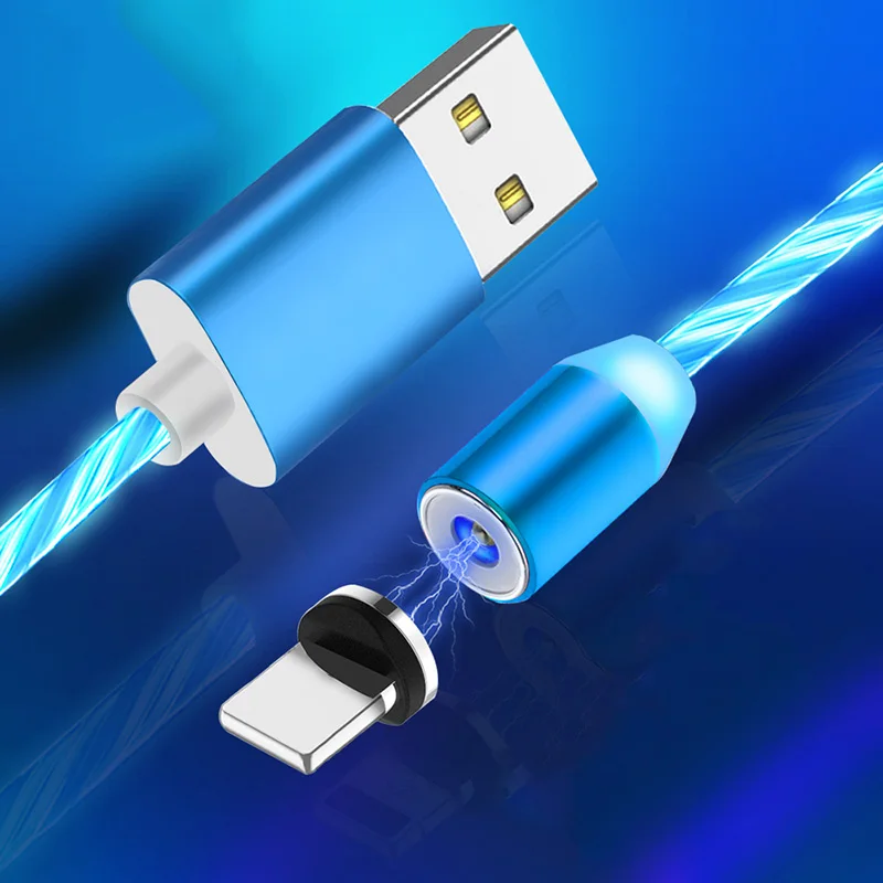 Blue Магнитный течёт светильник светодиодный Micro USB кабель для samsung type-c зарядка 8pin для iphone 1 м магнит зарядное устройство Тип C кабели - Цвет: Blue